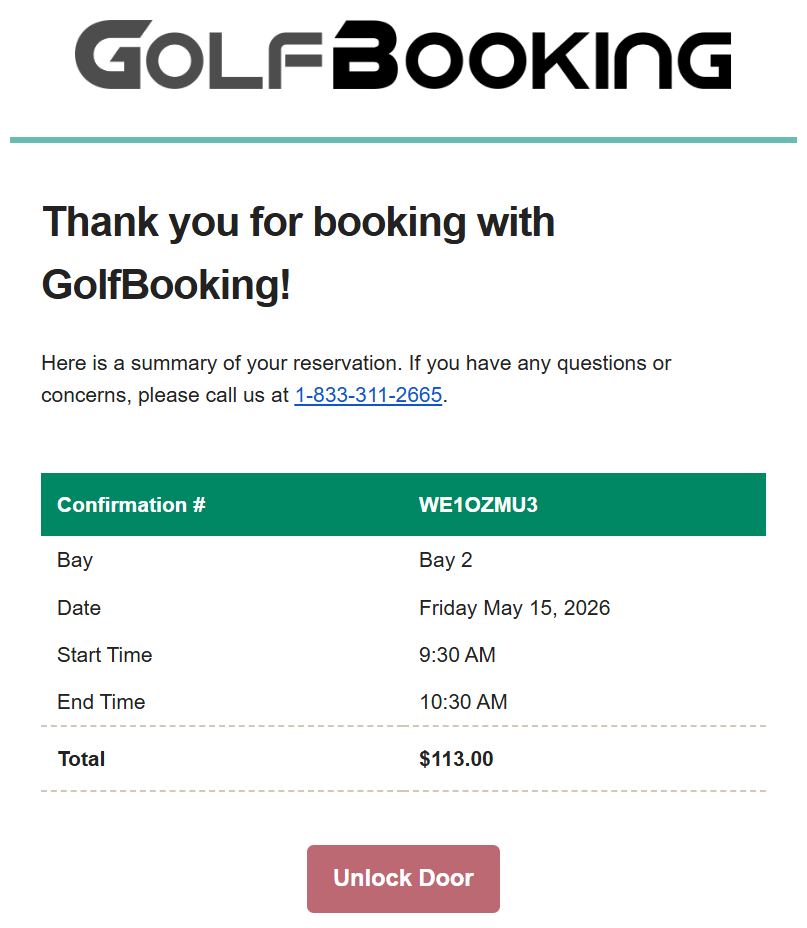 GolfBooking confirmation email screenshot