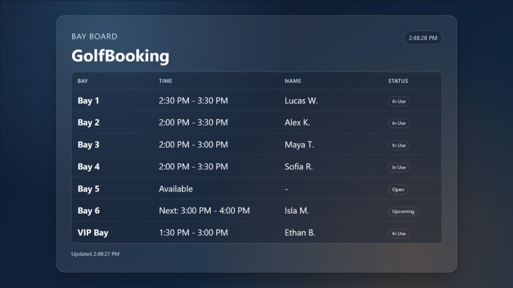 GolfBooking TV bay board showing who is in each bay