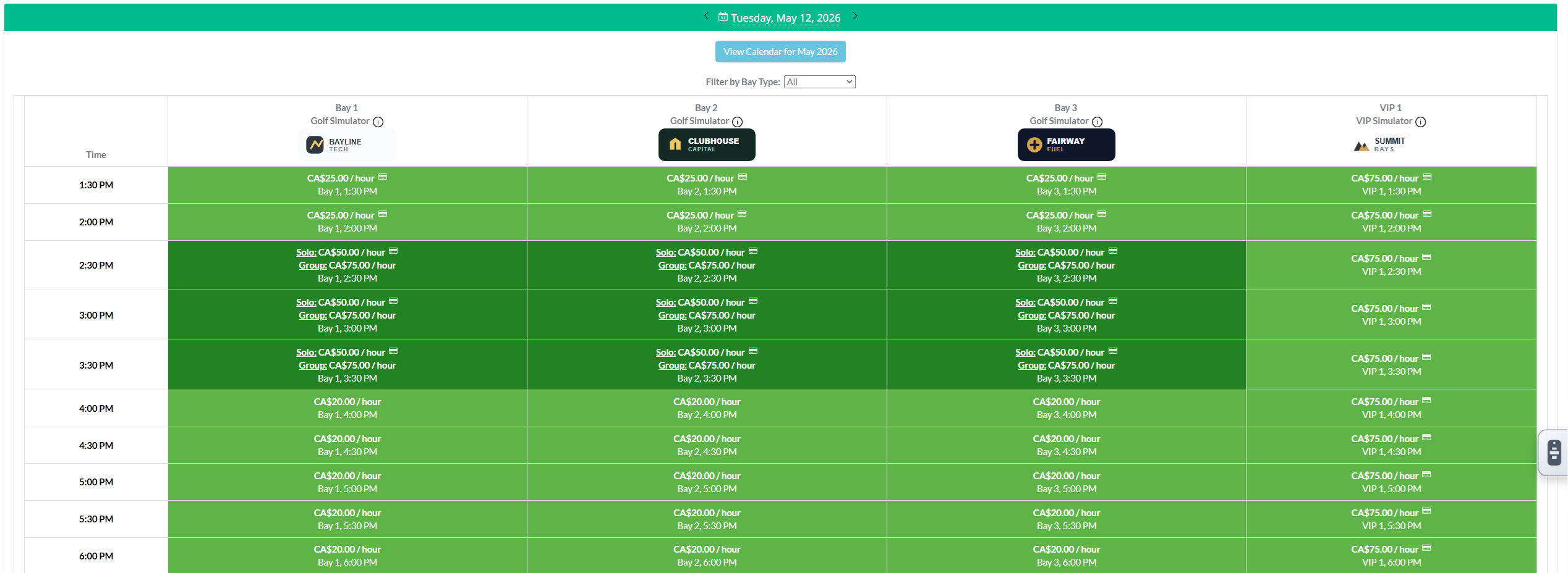 GolfBooking customer tee sheet screenshot