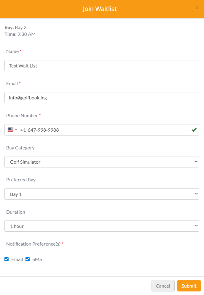 GolfBooking customer waiting list request screenshot
