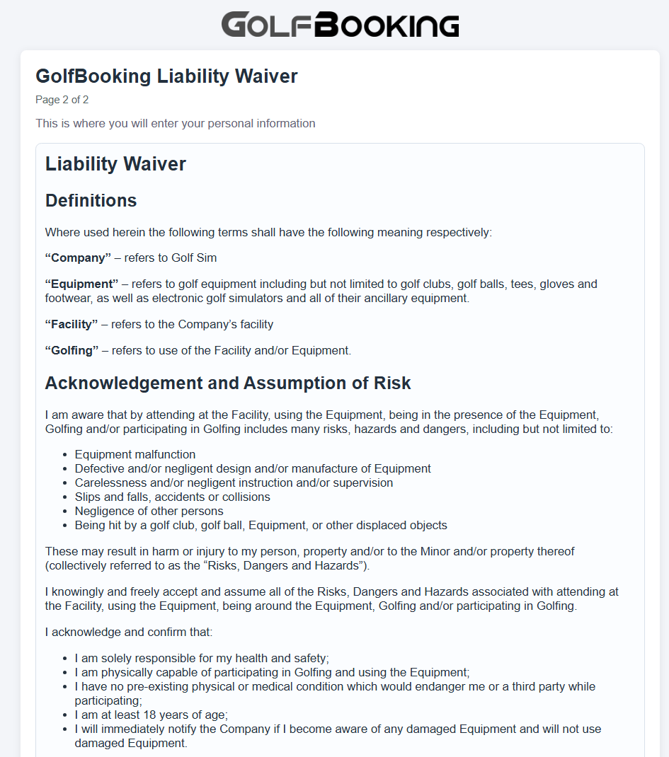 GolfBooking customer waiver form screenshot